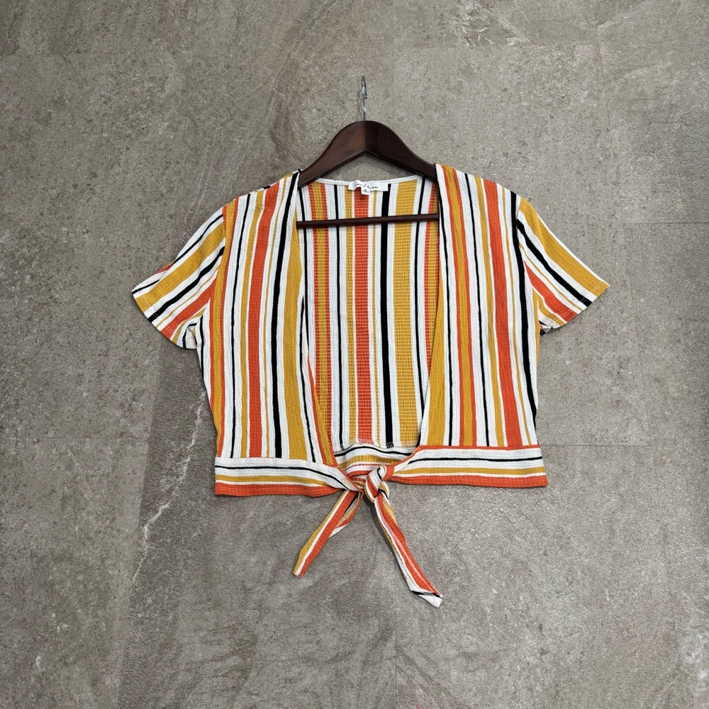 Love Tree Striped Tie-Front Crop Top Short Sleeve Retro Boho Size Medium